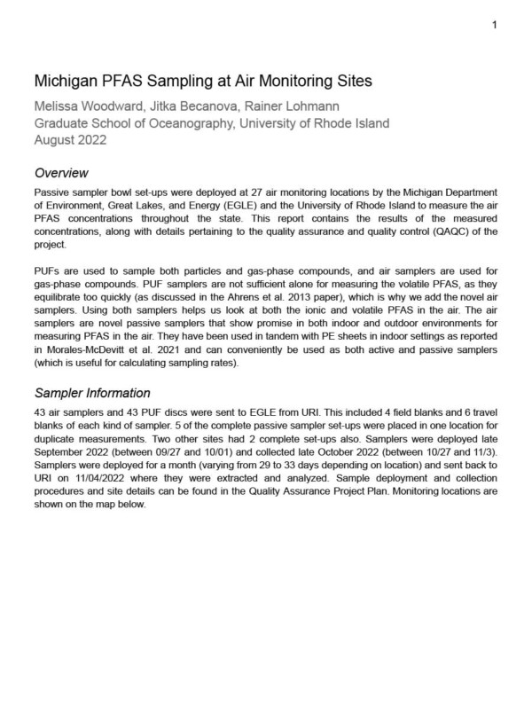 Michigan PFAS Sampling at Air Monitoring Sites report cover
